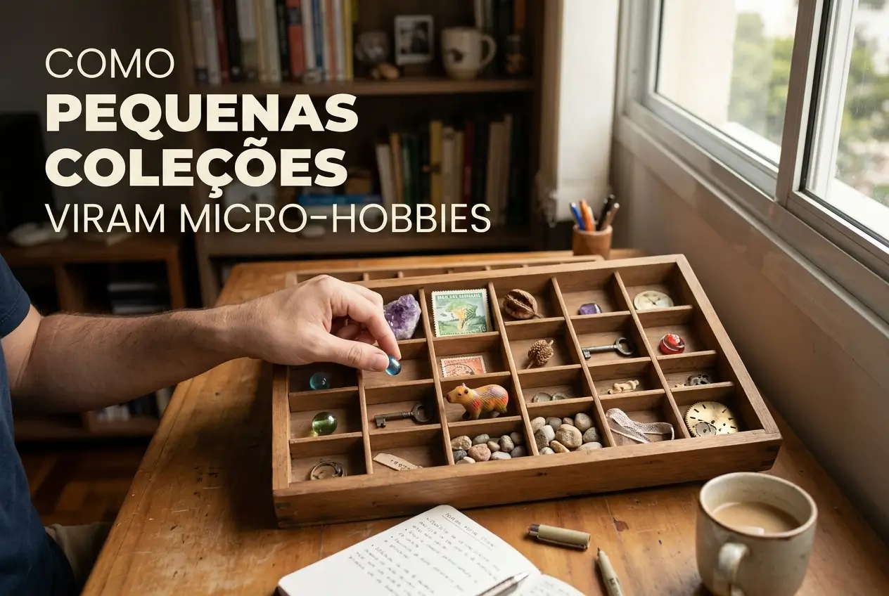 Mão pegando peça azul de coleção em caixa de madeira com trinkets