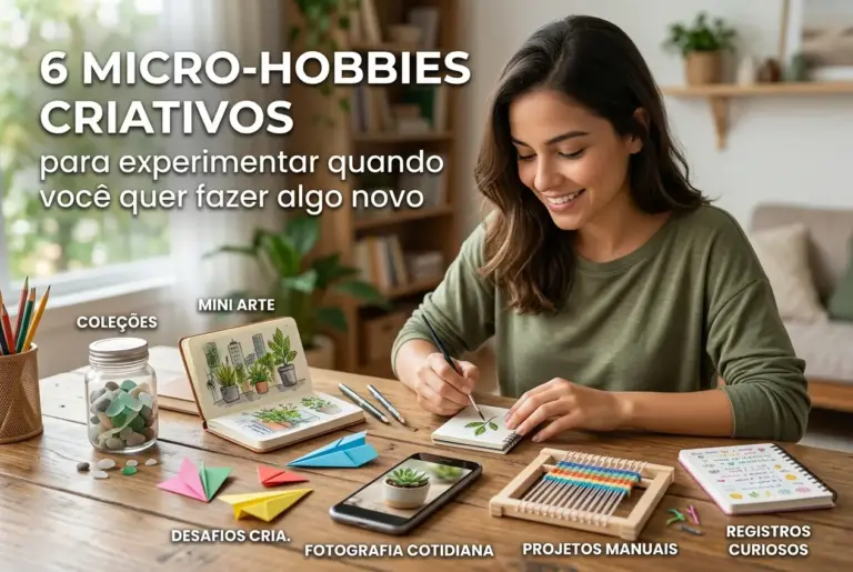 Mulher sorrindo desenha em um caderno cercada por materiais criativos