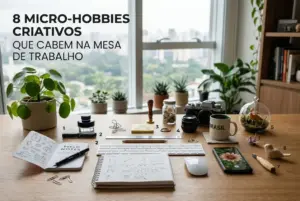 Espaço criativo com hobbies micro na mesa de trabalho
