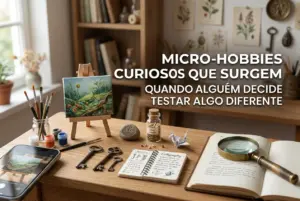 Espaço criativo com itens artísticos e cena de natureza pintada