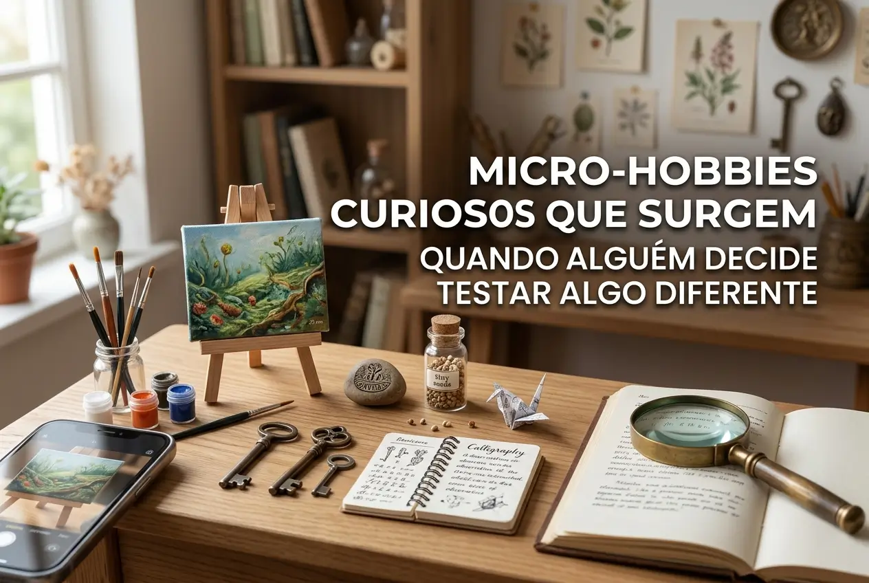 Espaço criativo com itens artísticos e cena de natureza pintada