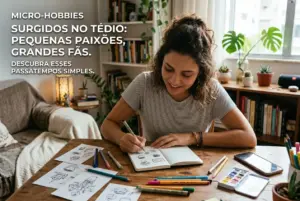 Mulher desenhando em caderno em quarto aconchegante com plantas