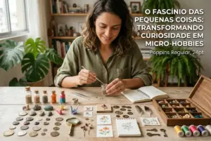 Mulher criando micro-hobbies com origami e arte em mesa de madeira