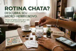 Mesa com caderno, pedras pintadas e jarra "PEQUENAS DESCOBERTAS"